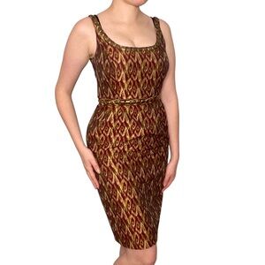 Carmen Marc Valvo Brown and Gold Sleeveless Knee Length Bodycon Dress
